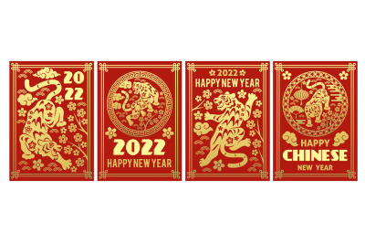 Chinese new year tiger posters. Traditional greeting cards, gold silho