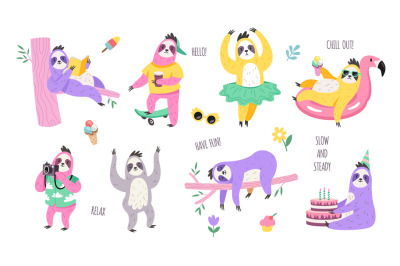 Sloth characters. Cute lazy animals in different poses, reading book,