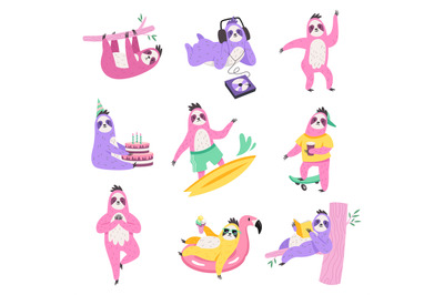 Cute sloths characters. Funny lazy animals do different things, wildli