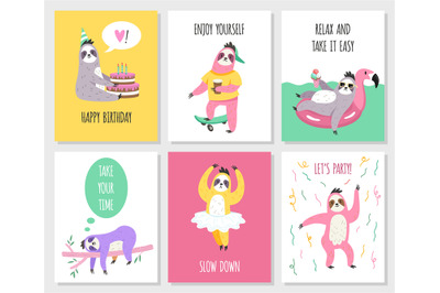 Cute sloths cards. Funny animals in different activities with text&2C; bi