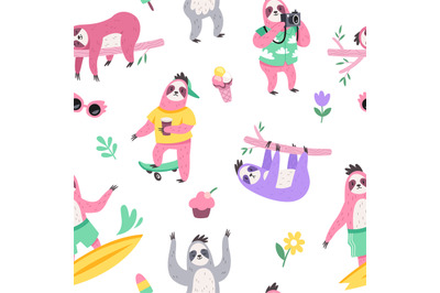 Cute sloth seamless pattern. Cartoon animals characters, different act