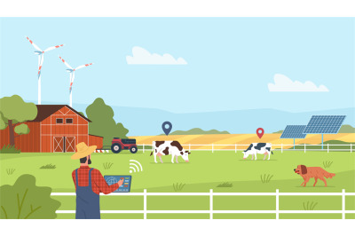 Farm tracking technologies. Robotic cattle herding&2C; farmer watching co