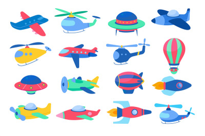 Childish air transport. Funny color kids aircrafts&2C; rockets&2C; planes an