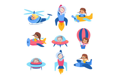 Kids in air transport. Happy children fly in airplanes, rockets and he