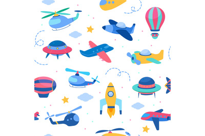 Kids air transport seamless pattern. Aeroplanes and rockets, helicopte