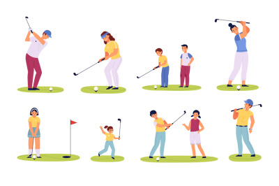 Golf players characters. Different ages golfers, happy men, women and