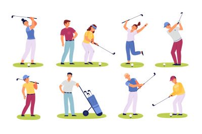 Golf players people. Male and female golfers, sportive characters, clu