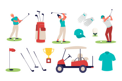 Golf equipment. Golfers characters with clubs, hitting moment, ball pi