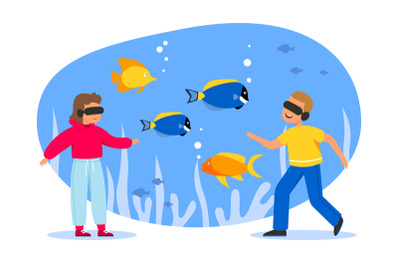 Kids in virtual reality. Teenagers in digital world watching fish, int