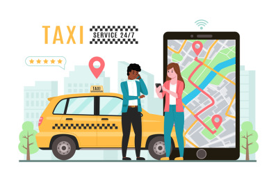 Taxi online service. Calling car via mobile app, people waiting city t