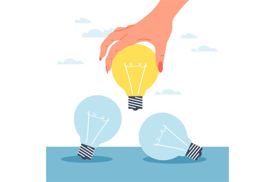 Choosing the best idea. Woman hand hold light bulb, different ways to