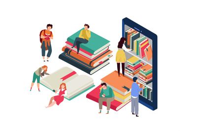 Virtual library. Online Book Club. Tiny people sitting on huge stack o