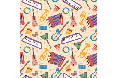 Musical instruments seamless pattern. Cartoon orchestra accessories, f