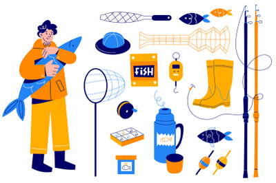 Fishing objects. Fisher with different accessories, outdoor hobbies, m