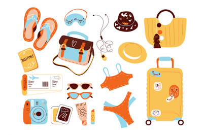 Travel accessories. Summer vacation equipment, things for flight, beac