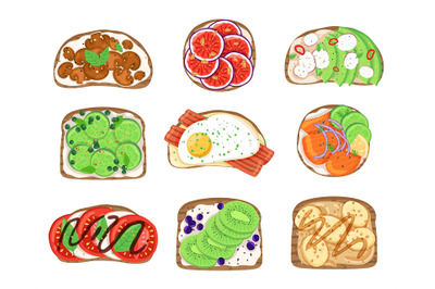 Fresh sandwiches. Tasty toasted bread, different ingredients, cartoon