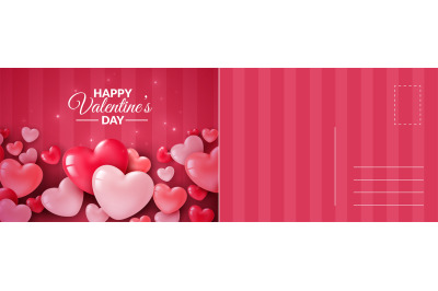 Happy Valentines day card. Romantic postcard with 3d hearts on pink ba