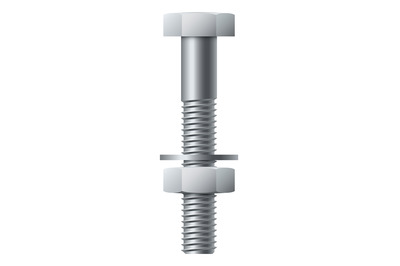 Bolt with washer and nut. Silver metal hex fastener