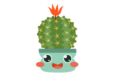 Happy blooming cactus. Cute cartoon character with orange flower