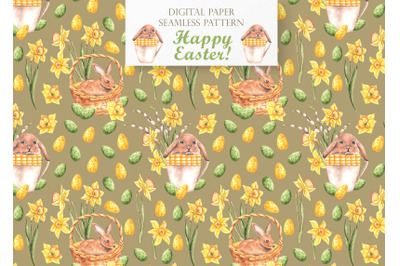 Happy Easter seamless pattern. Religious holiday. Easter Bunny, eggs