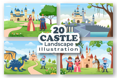 20 Castle with Prince and Queen Cartoon Illustration