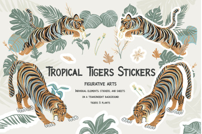 Tropical Tigers PNG. Digital Stickers, Elements, Sheets.