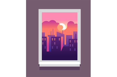 Sunset cityscape from apartment view. City in window frame