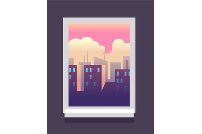 Home window with big city outside. Cloud sky landscape