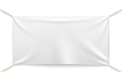 Stretching advertising display banner. White blank fabric rectangle