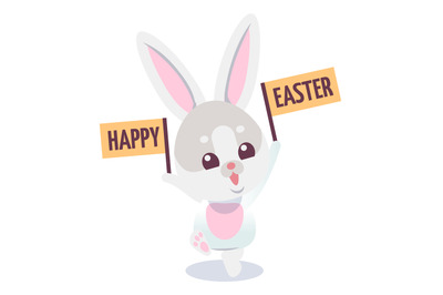 Bunny with happy Easter placard. Cute cartoon rabbit