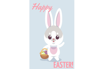 Happy Easter card. Cute bunny holding gift basket with eggs