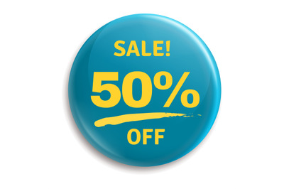 Sale 50 percent off badge. Metal glossy button