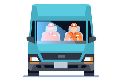 Workers in van front view. Cargo shipping service icon