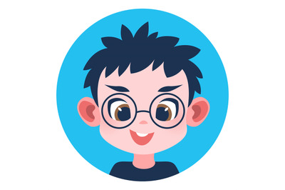 Round kid avatar. Funny boy in glasses portrait