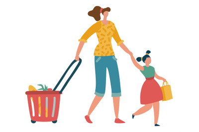 Mother and daughter in supermarket together. Woman with shopping cart