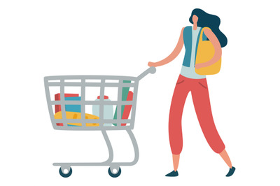 Woman with supermarket cart. Grocery shopping concept