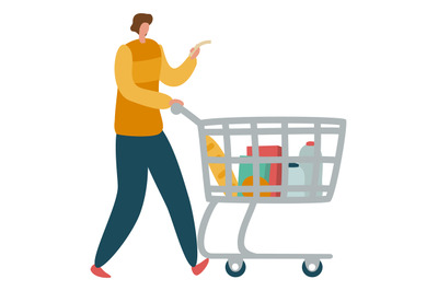 Man looking at shopping list and pushing supermarket trolley