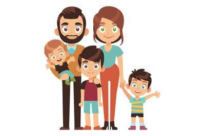 Large family concept. Cartoon parents with three kids