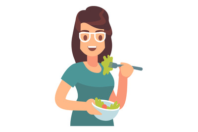 Woman eating salad. Fresh food with vitamins. Diet nutrition