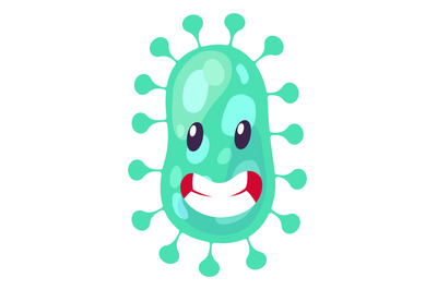 Green virus cell. Evil microbe with cartoon face