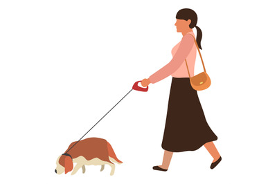 Young woman walking with dog on leash. Person with pet