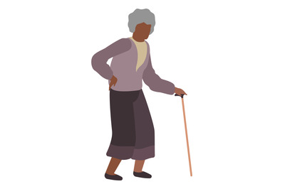 Old woman standing with walking cane. Elderly person character