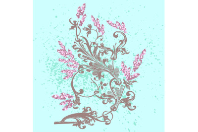 Hand drawn lavender flowers on cyan, abstract floral pattern cover des