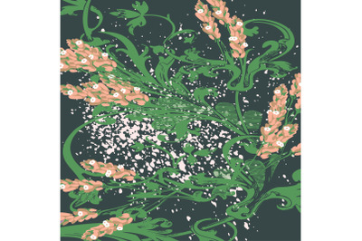 Hand drawn lavender flowers on green, abstract floral pattern cover de