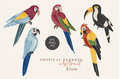 Tropical birds clipart, Abstract parrots clipart, Parrot PNG elements