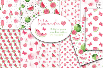 Watercolor digital paper Watermelons. Seamless pattern