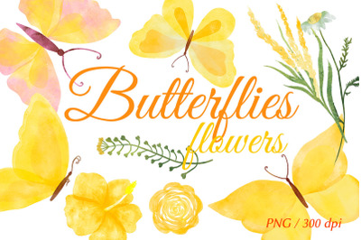 Yellow butterflies and flowers clipart