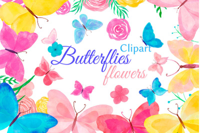 Yellow butterflies and flowers clipart