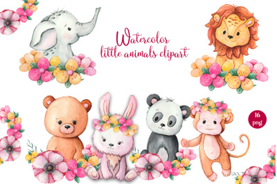 Animals in flowers Watercolor little animals clipart