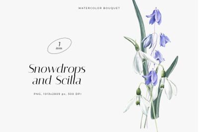 Watercolor Bouquet with Snowdrops and Scilla